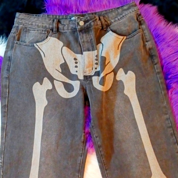 DOLLSKILL TRICKZ N TREATZ XXL WIDE LEG HIGH WAISTED PANTS SKELETON BONES GREY - Picture 2 of 14